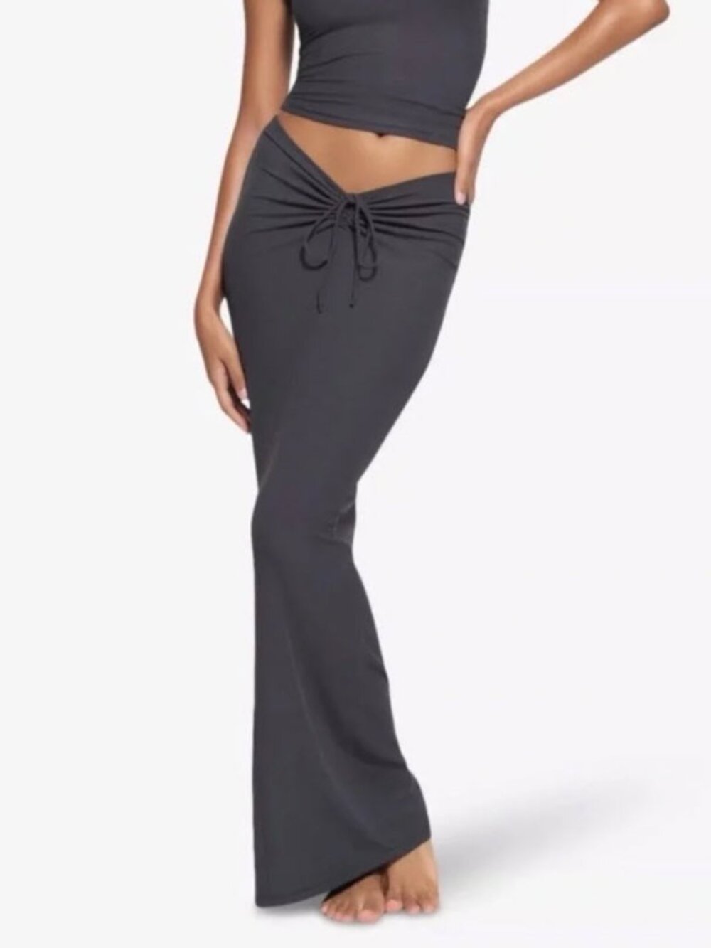 NWT SKIMS Soft Lounge Rib Ruched Long Skirt Graphite Grey Size S